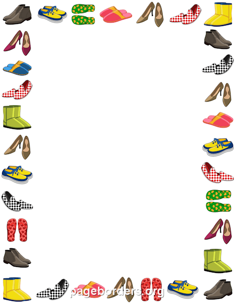 Colorful cartoon shoe border featuring boots, sneakers, heels, slippers, and loafers in a decorative frame layout.