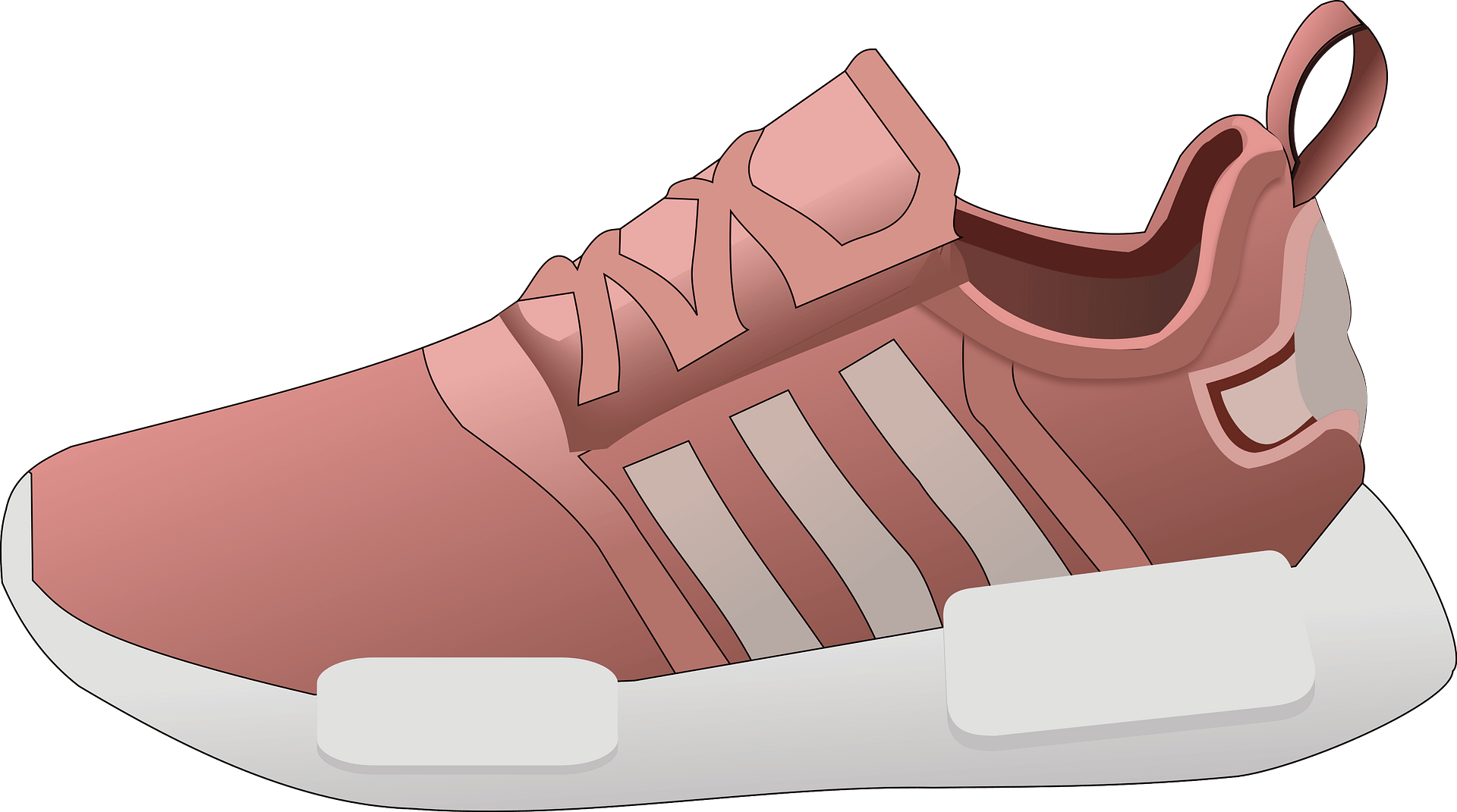 Rose gold Adidas NMD-style sneaker with white sole and three stripes, side view on teal background.