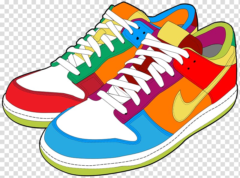 Vibrant rainbow-colored Nike Dunk Low sneakers with white laces and multicolored panels on transparent background.