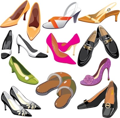 Collection of colorful women’s footwear including heels, flats, sandals, and loafers in various styles and materials.