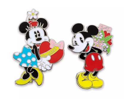 Disney Mickey and Minnie Mouse enamel pins holding hearts and flowers, celebrating love and romance.