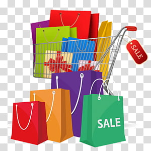 Colorful shopping bags and a cart with "SALE" tags, symbolizing retail discounts and consumer shopping.