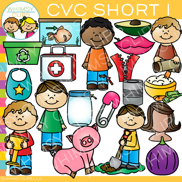 CVC Short I educational clip art featuring children, objects like pig, jar, zip, and avocado, and learning tools.