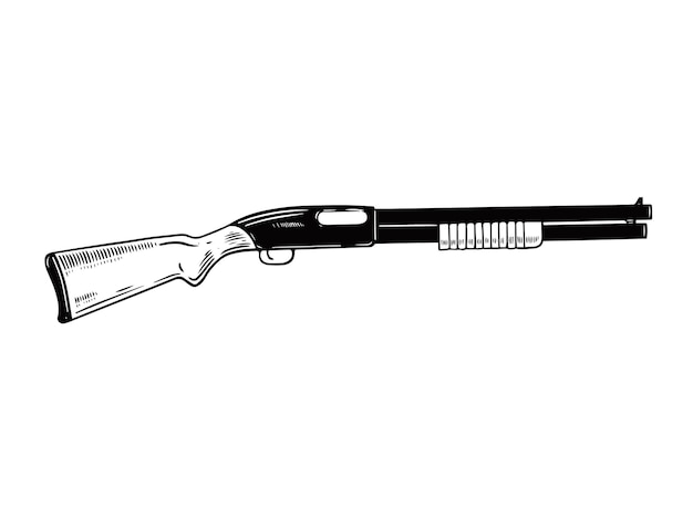 Black-and-white line drawing of a pump-action shotgun with wooden stock and ribbed fore-end.