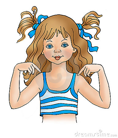 Cheerful cartoon girl with blonde pigtails, blue ribbons, and striped tank top pointing to her shoulders.