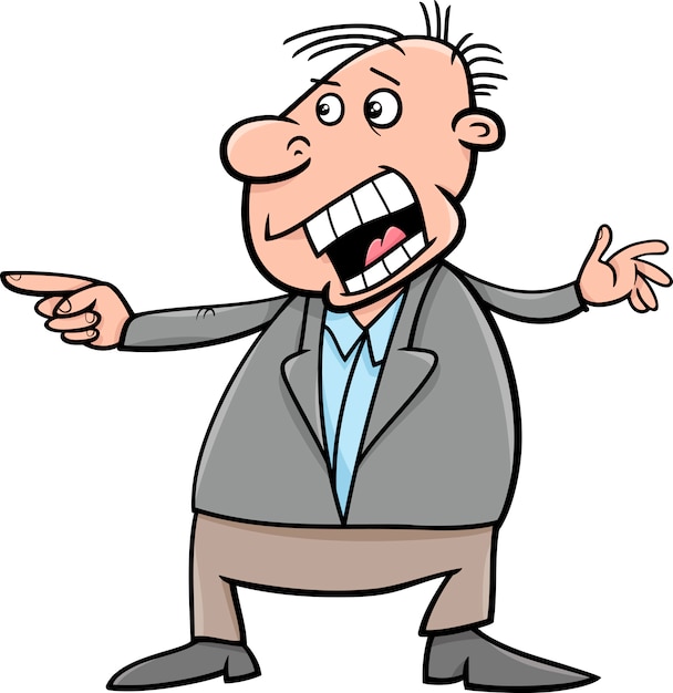 Angry cartoon businessman pointing and shouting in frustration.
