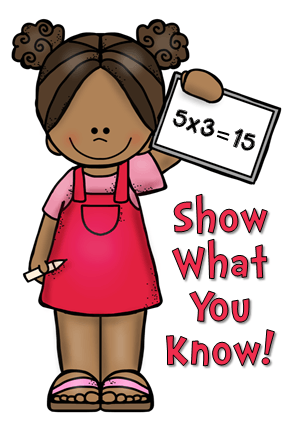 A smiling cartoon girl in a red apron holds a sign showing "5×3=15" with text "Show What You Know!"
