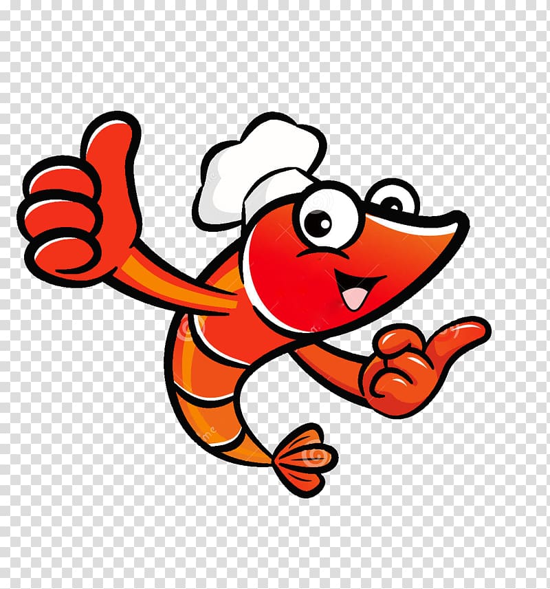 Cheerful cartoon shrimp chef giving thumbs-up and pointing, wearing a white toque, on transparent background.