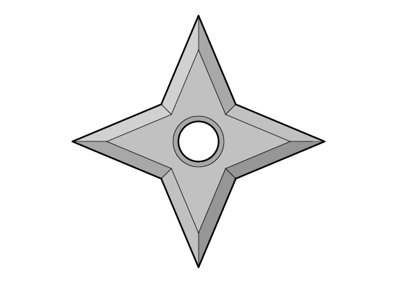 Gray four-pointed shuriken with central hole, stylized metallic appearance.