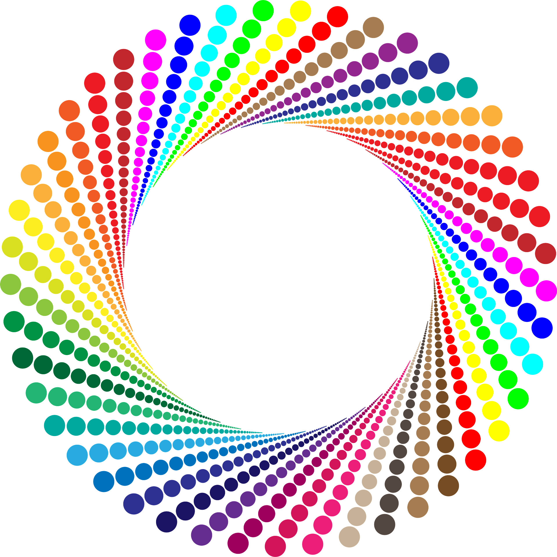 A vibrant spiral of colorful dots forming a rainbow vortex on a green background.