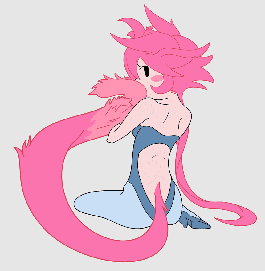 Pink-haired mermaid with spiky hair, blue tail fin, and expressive pose on light background.