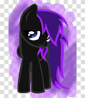 Black pony with purple mane and expressive blue eyes, stylized cartoon illustration against soft purple background.