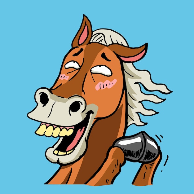 Cartoon horse with exaggerated grin, pink blush, and a metallic hoof, against a blue background.