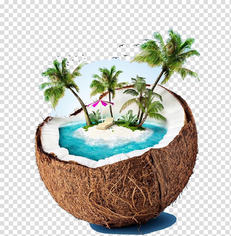 Tropical island paradise inside a split coconut shell with palm trees, beach chair, and turquoise water.