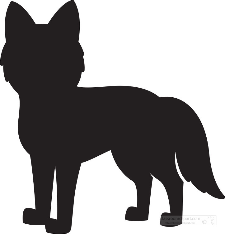 Black silhouette of a standing fox facing left, with pointed ears and bushy tail.