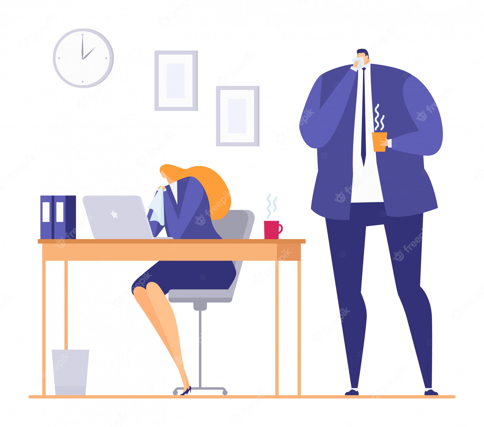 Two office workers in formal wear, one seated at a desk with laptop and tissues, the other standing with coffee and tissue-depicting workplace illness.
