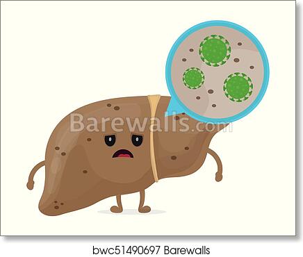 Sad cartoon liver with magnifying glass showing green virus particles on its surface.