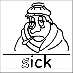 A cartoon illustration of a sick person with fever, wearing a cold compress and wrapped in a blanket, holding a thermometer.