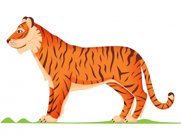 Stylized orange tiger with black stripes standing on green grass, side profile view.