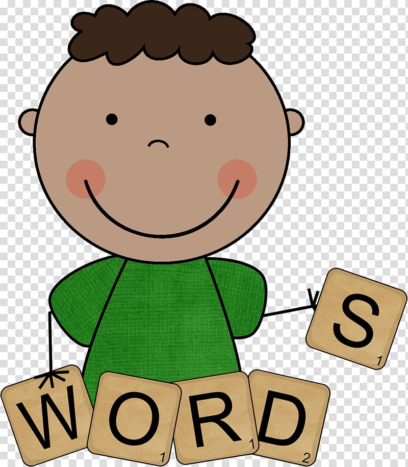 Smiling cartoon boy in green shirt holding Scrabble tiles spelling "WORD" and an extra "S" tile.
