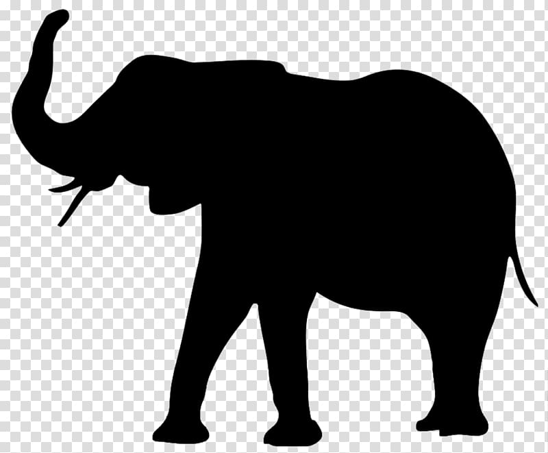 Black silhouette of an elephant walking with trunk raised, side profile on transparent background.
