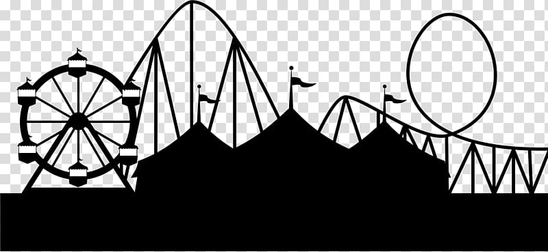 Silhouette of a carnival scene with Ferris wheel, roller coaster, and tents against transparent background.