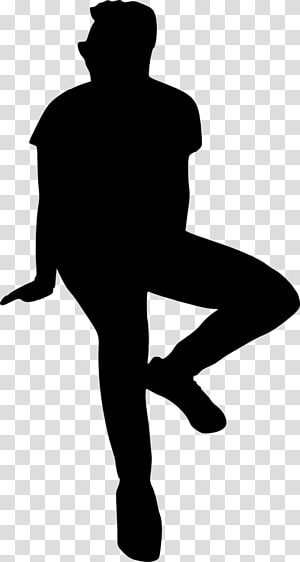 Silhouette of a person in dynamic dance pose, one leg raised, arms extended, against transparent background.