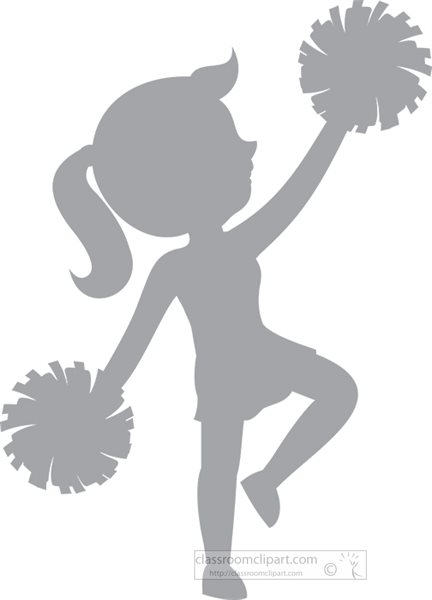 Gray silhouette of a cheerleader with pigtails, holding pom-poms, mid-cheer pose.
