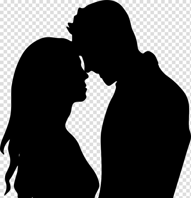Silhouette of a romantic couple about to kiss, faces close, intimate moment captured in black and white.