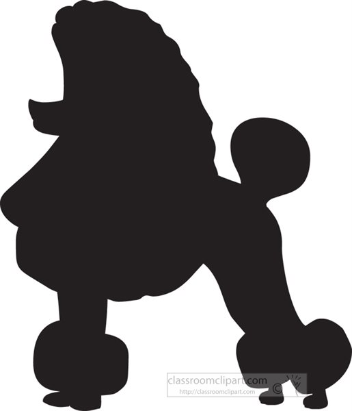 Black silhouette of a standard poodle in classic show cut, standing profile with pom-pom tail and leg tufts.