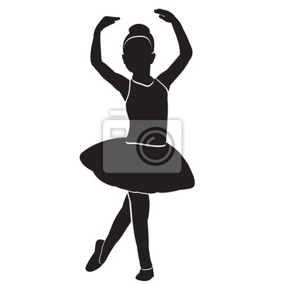 Silhouette of a young ballerina in mid-pose with arms raised and tutu flared, captured in elegant black-and-white vector style.