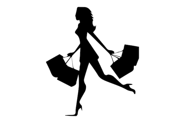 Silhouette of a stylish woman walking confidently with shopping bags in both hands.