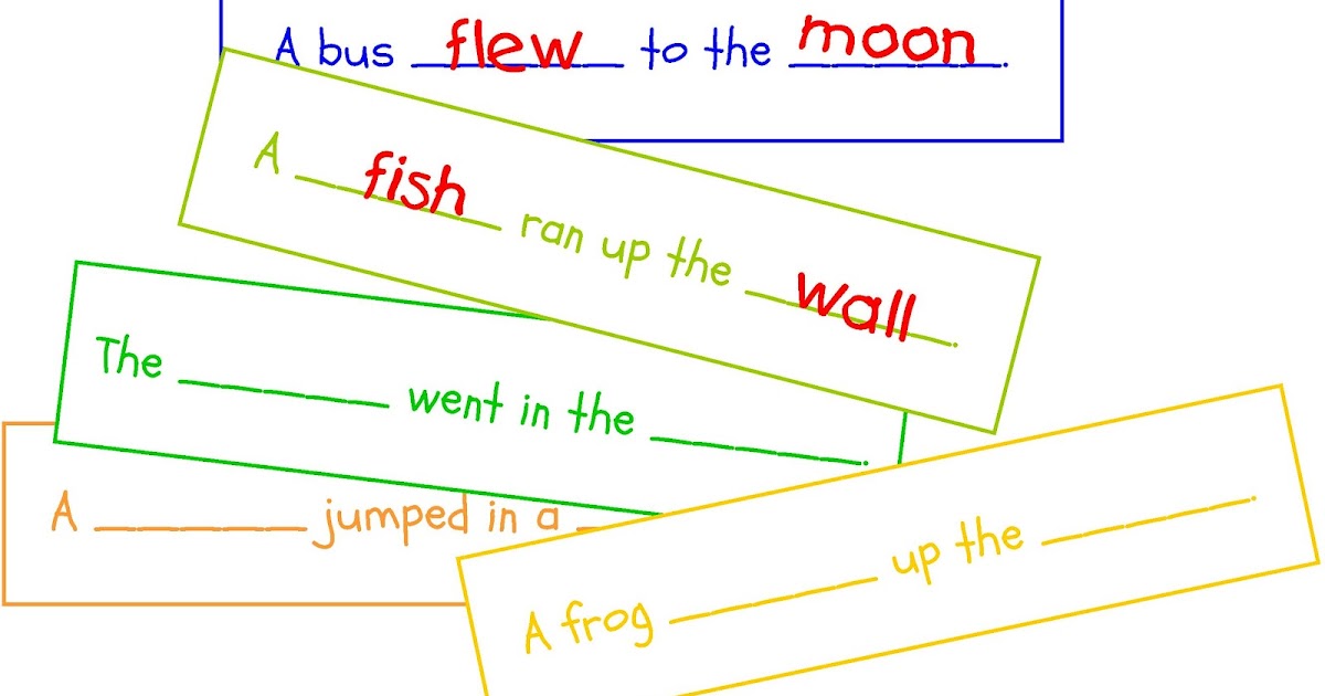 Handwritten grammar exercise with colorful sentence strips showing absurd phrases like "A bus flew to the moon".