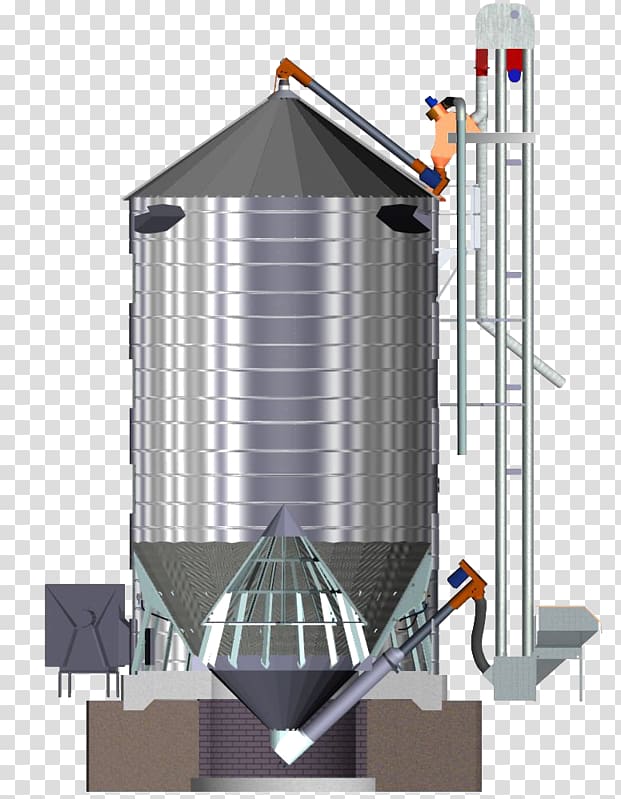 Stainless steel industrial silo with conical top, discharge hopper, and attached conveyor and ladder system.