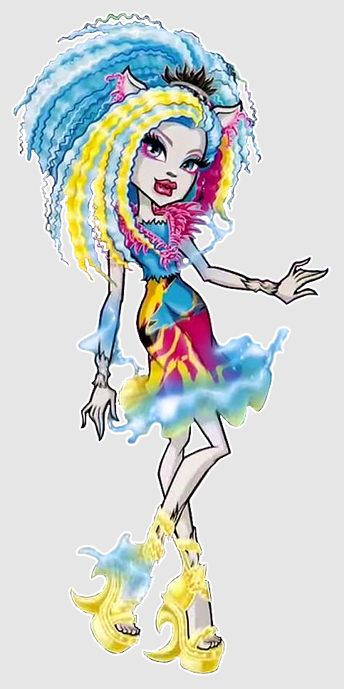 Monster High character with vibrant blue-yellow hair, flame-patterned dress, and icy aura, striking a dynamic pose.