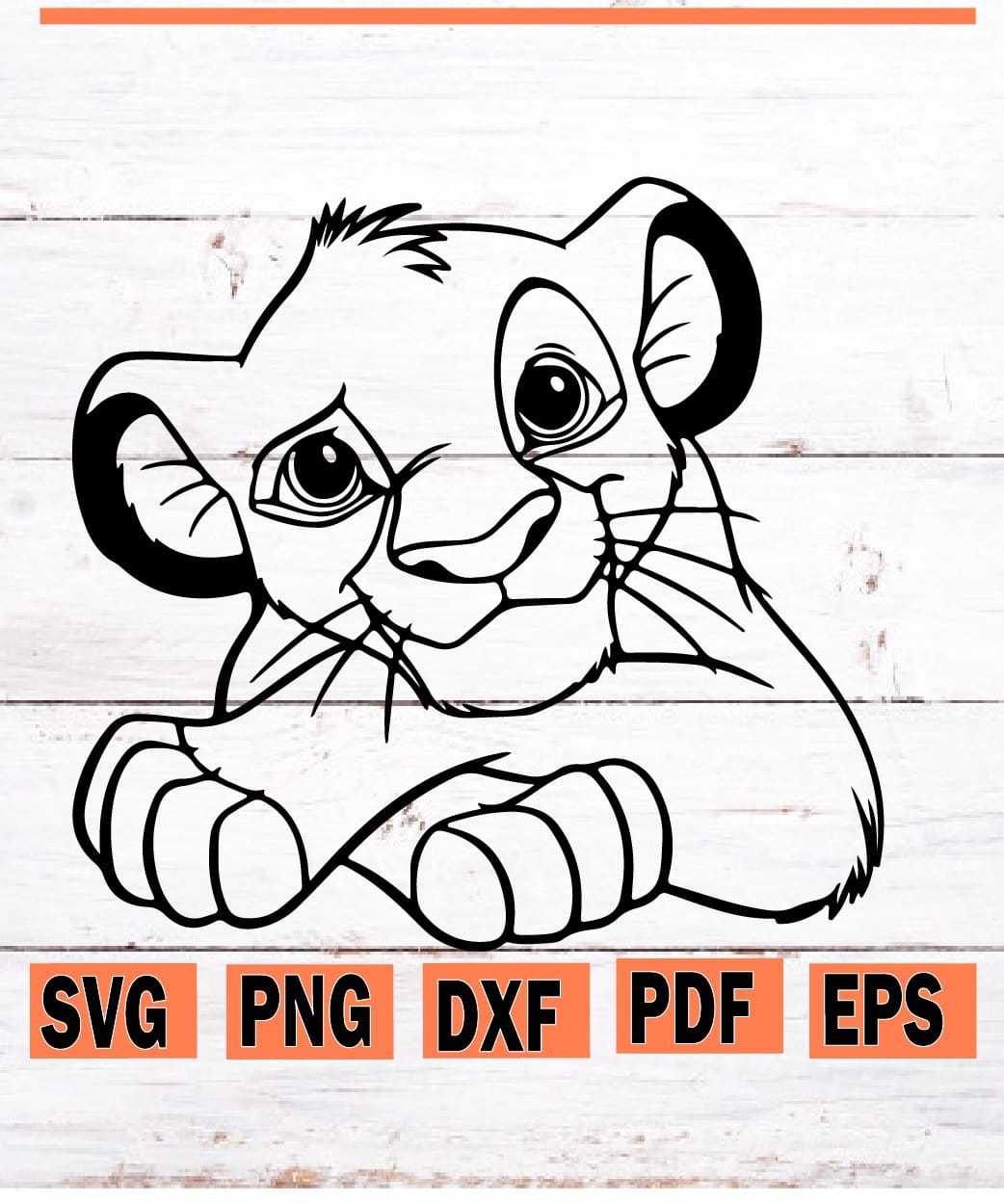 Black-and-white line art of Simba as a cub, lying down with paws forward, expressive eyes and playful pose.