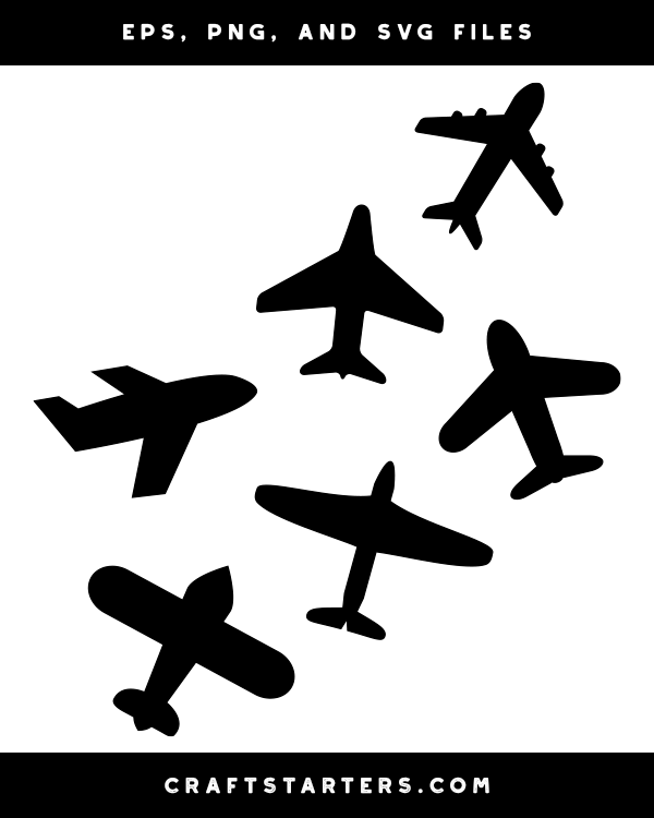 Six black airplane silhouettes in various orientations on white background, including commercial jets and propeller planes.