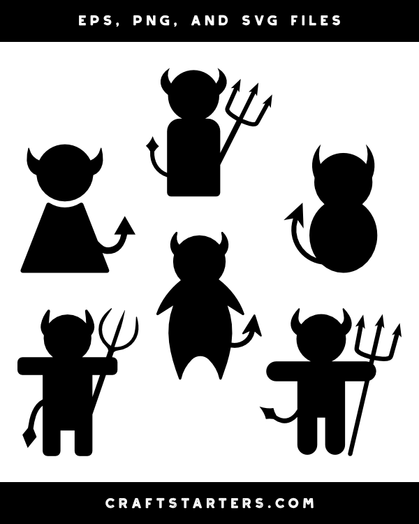 Six black silhouette devil icons with horns, tails, and tridents in various poses for craft and design use.