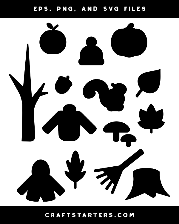 Black silhouette icons of autumn items including apples, pumpkins, leaves, squirrels, mushrooms, and scarecrows.