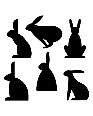 Six black rabbit silhouettes in various poses on a white background, ideal for graphic design and Easter themes.