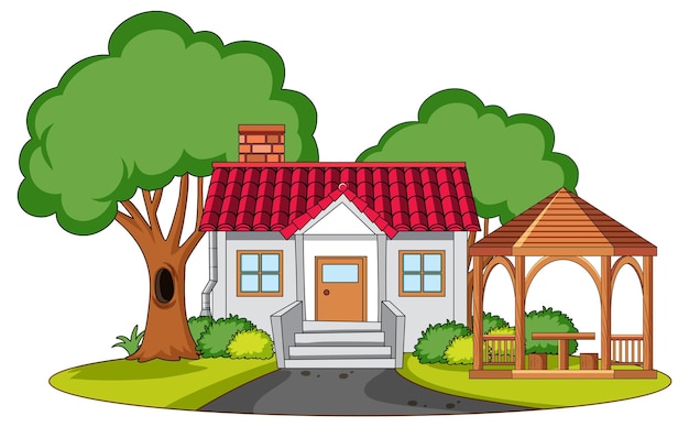 Charming cartoon-style house with red roof, tree, gazebo, and garden on white background.