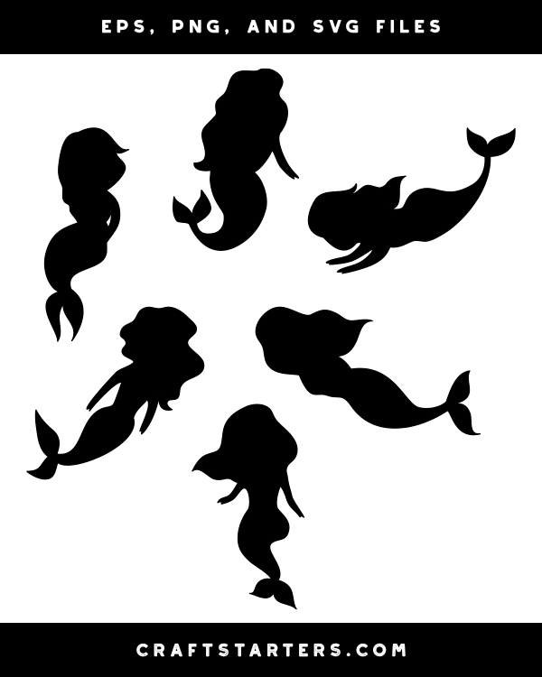 Six black mermaid silhouettes in various poses, ideal for crafting and design projects.
