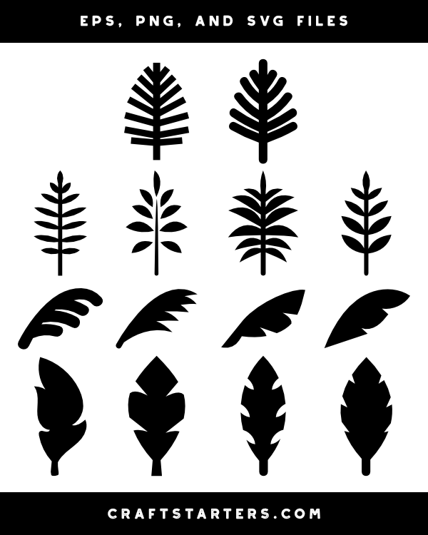 Collection of 16 black leaf and feather silhouettes in EPS, PNG, and SVG formats for crafting and design projects.