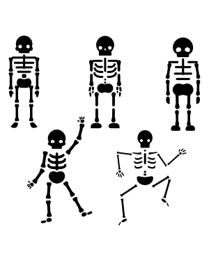 Five playful black-and-white cartoon skeletons in different poses-standing, waving, and dancing-on a white background.