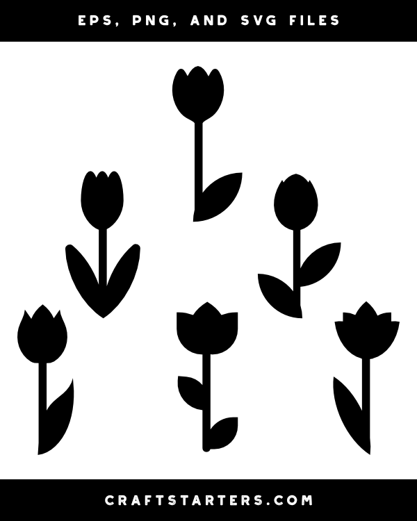 Black silhouette tulip vector illustrations in various orientations for crafting and design projects.