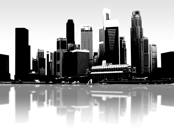 Black-and-white silhouette of a modern city skyline reflected in calm water.