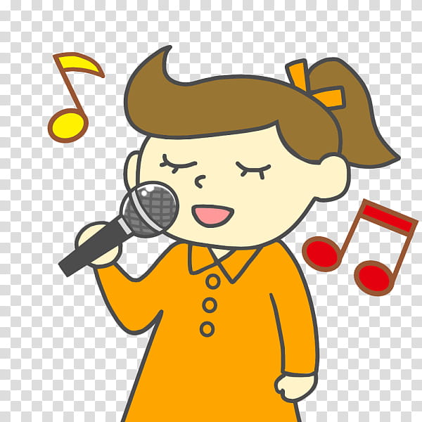 A cheerful cartoon girl in an orange dress sings into a microphone with musical notes floating around her.