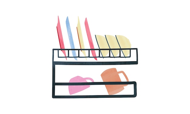 A two-tier black dish rack holding colorful plates and mugs in a minimalist illustration style.