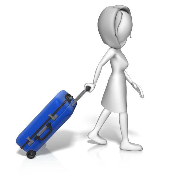 A 3D white female figure walking while pulling a blue rolling suitcase.