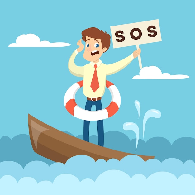 Man in business attire holding SOS sign and lifebuoy, standing on sinking boat in stormy sea.